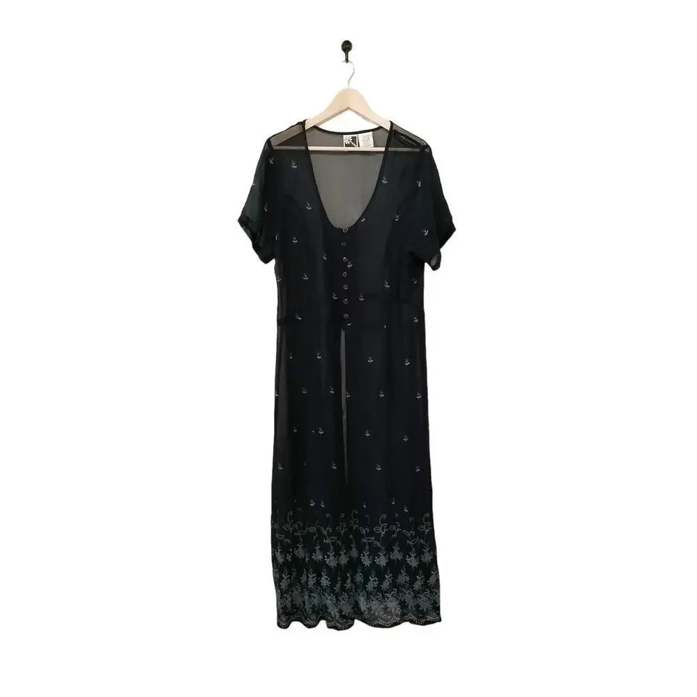 Phool Size XLarge Black Sheer Gray embroidery Maxi Kimono Cover Up Dress - Picture 2 of 10